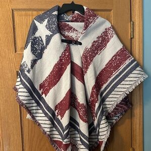 American Flag Print Shawl Poncho - Red, White & Blue